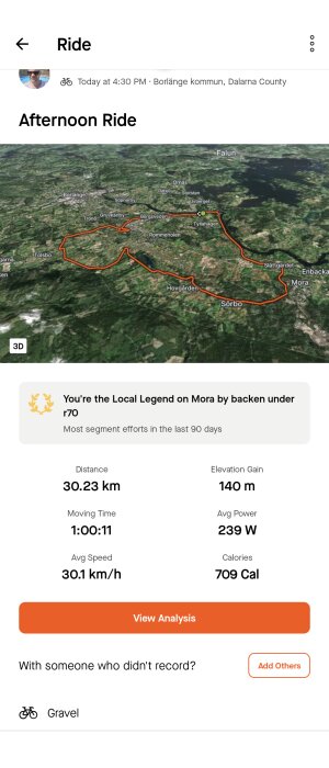 Skärmdump av cykeltur med karta och statistik inklusive distans, tid, hastighet och kaloriförbrukning.