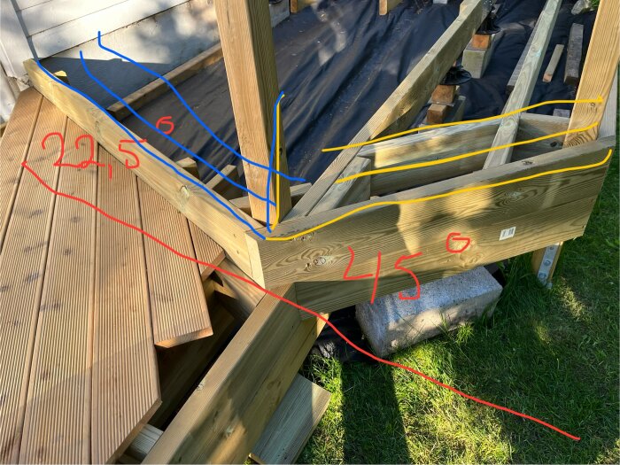 Trädäck under konstruktion med markerade vinklar på 45 och 22,5 grader på friserna.
