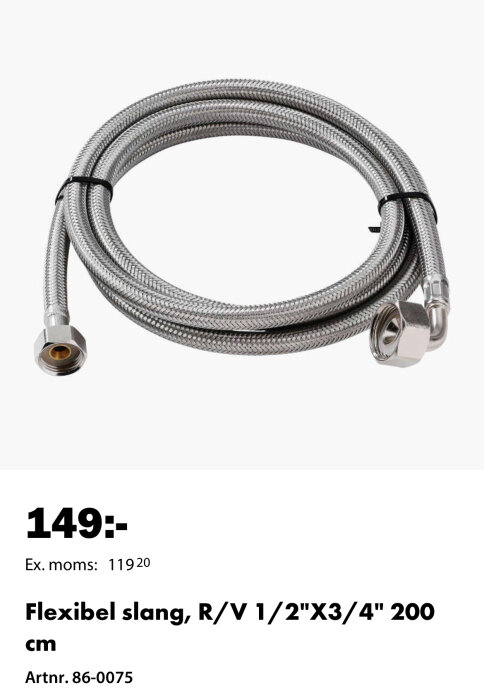 Flexibel metallslang med gängade anslutningar, lämplig för utomhusbruk, 200 cm längd.