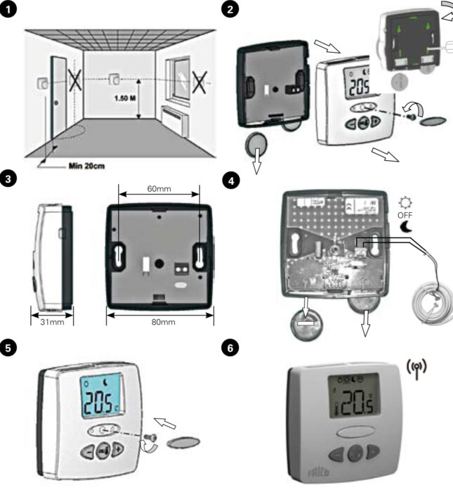 Illustrationer av installationsprocessen för ett elektroniskt termostat-system för hemmabruk.