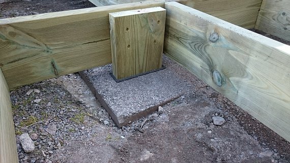 Trästolpe monterad på en betongplatta med grus och markduk som underlag, visar metod för grundläggning.