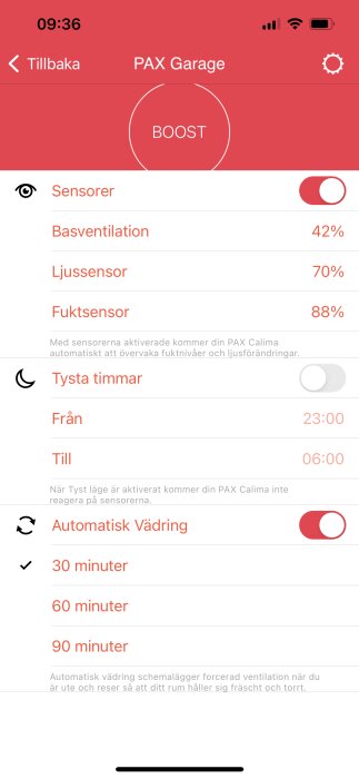 Skärmbild av en mobilapp för PAX Garage med inställningar för sensorer och automatisk vädring vald till 30 minuter.