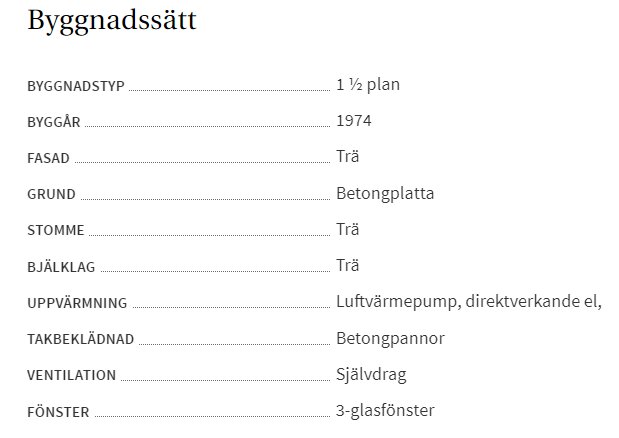 Beskrivning av byggnadssätt för hus, inklusive byggår 1974, fasad i trä, betongplatta som grund, och 3-glasfönster.