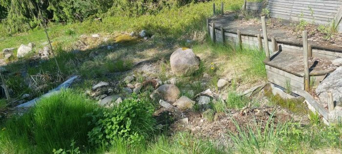 Översikt över en gammal damm med ojämn terräng, stora stenar och sparsam vegetation vid sidan av en trätrall.