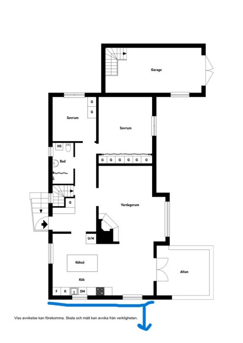 Planskiss över ett hus med två sovrum, vardagsrum och kök, med en pil som visar riktning för tillbyggnad.
