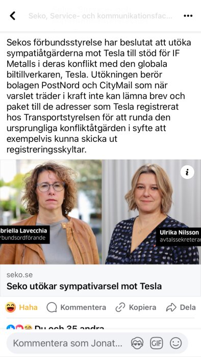 Två kvinnor, en med glasögon och en leende, representerande Seko i en nyhetsartikel om sympatiåtgärder mot Tesla.