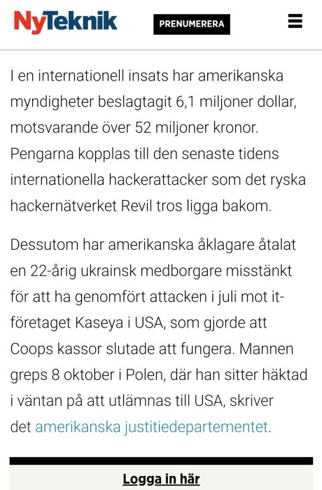 Artikel på skärm om beslagtagning av pengar och åtal efter en cyberattack, med NyTekniks logotyp överst.