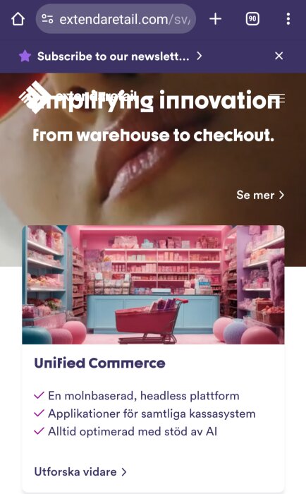 Webbsida för Unified Commerce med text och bild av en rosa butiksmiljö med en röd kundvagn.