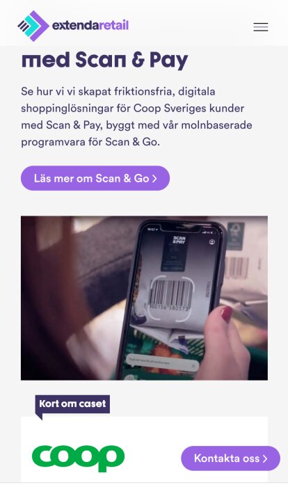 Skärmvisning av en smartphone som använder Scan & Pay-appen för att skanna en produkt hos Coop.