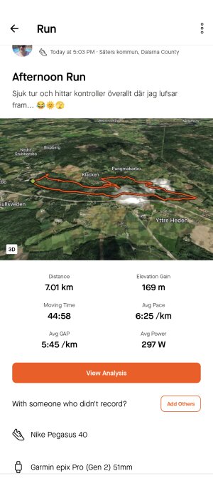 Skärmdump av löpningsapp som visar en karta över en löptur med distans, tid och tempo.