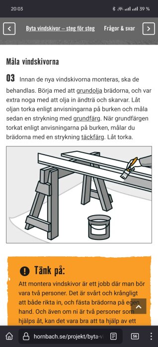 Illustration av målning av vindskivor med grundolja och en påminnelse om att vara två personer vid montage.