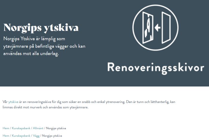 Informationsgrafik om Norgips ytskiva för renovering, rekommenderar limning som monteringsmetod.