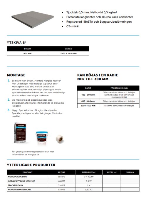 Informationsblad om 6 mm tjock gipsskiva, dess egenskaper, monteringsanvisningar och flexibilitet vid böjning, samt produktlista.