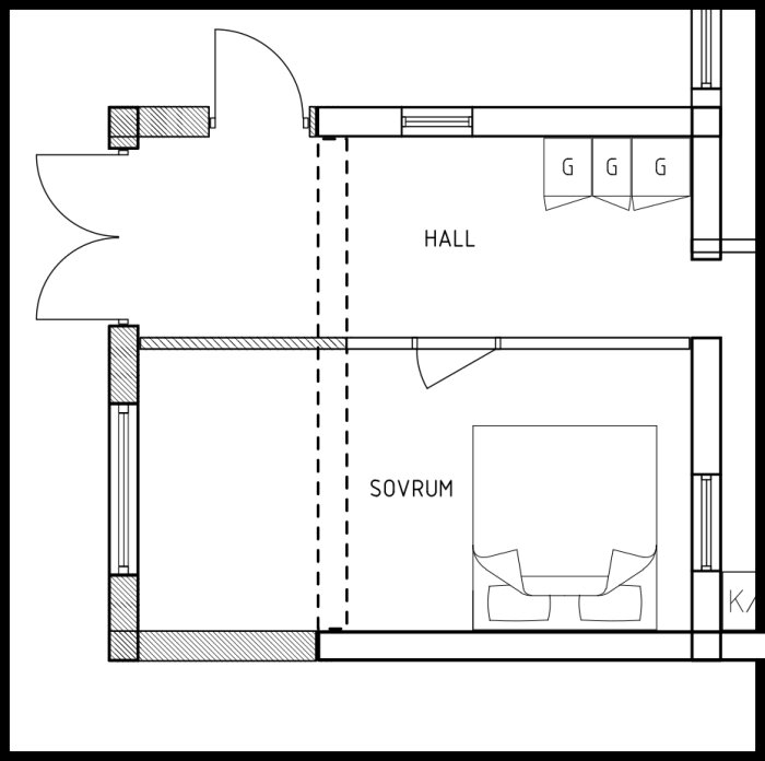 Sektions- och planritning av en huskropp med markerad potentiell utbyggnad och dimensioner av en limträbalk.