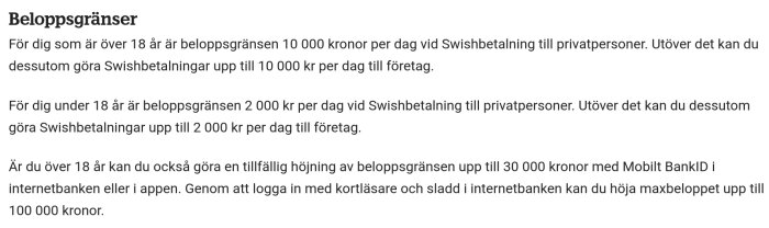 Text som beskriver Swish beloppsgränser för överföringar, både för privatpersoner och företag.
