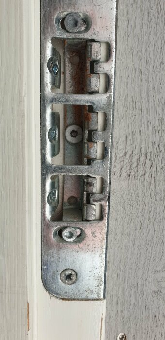 Metalliskt dörrgångjärn monterat på vit dörrkarm, justerbart i höjd med synlig skruv nedtill.