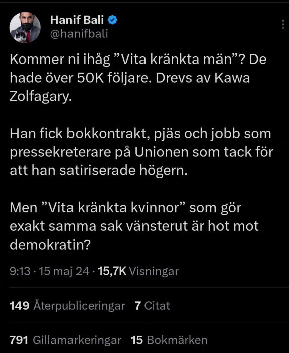 Skärmdump av tweet från Hanif Bali om satir av politiska inriktningar och dess konsekvenser.