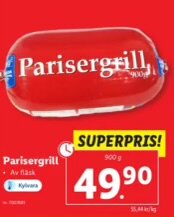 Erbjudande på Parisergrill korv för 49.90 med röd bakgrund och priset framhävt.