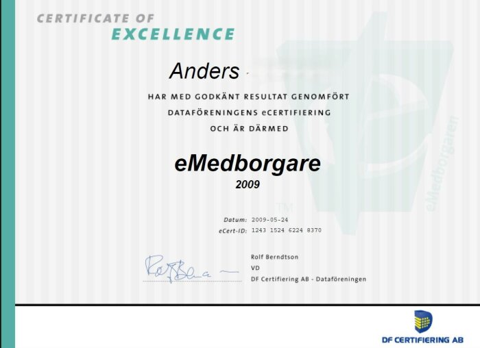 Certificate of Excellence för eMedborgare utställt till Anders med datum och certifieringsdetaljer.