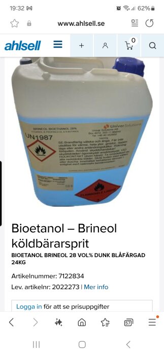 Bioetanol-Brineol 28% blandning i vit dunk för värme- och kylsystem.