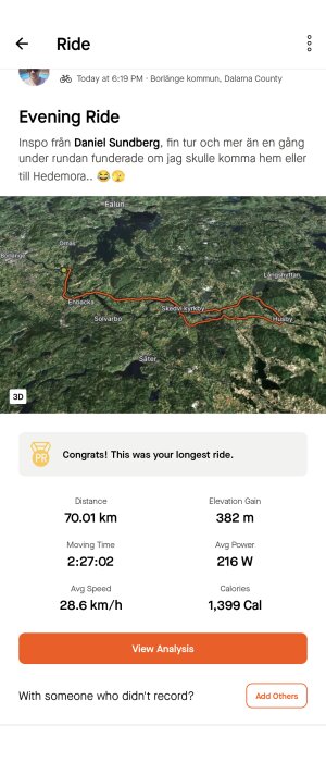 Skärmdump från cykelapp med karta över cykeltur, distans 70.01 km, tid 2:27:02, och kaloriförbrukning.