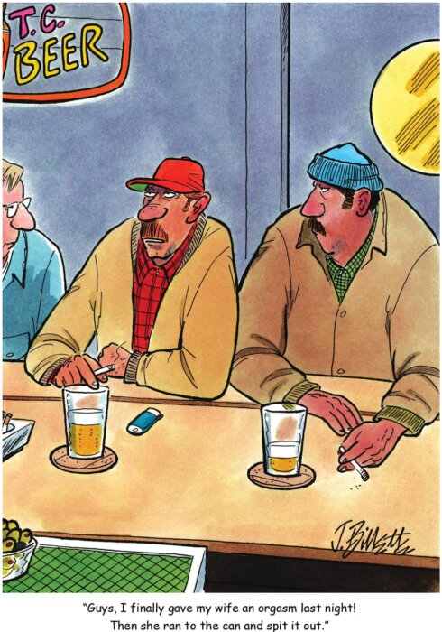 Illustration av tre män vid en bar med ölglas, en talar och de andra lyssnar, humoristisk teckning.