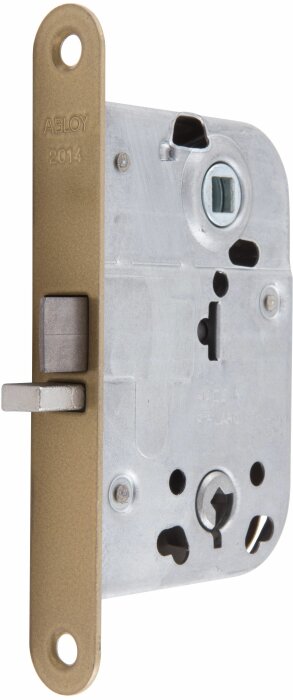 ABLOY låshus 2014 med omvänd hålbild för dörrtrycke, visande framsidan med låsbult och mekanism.