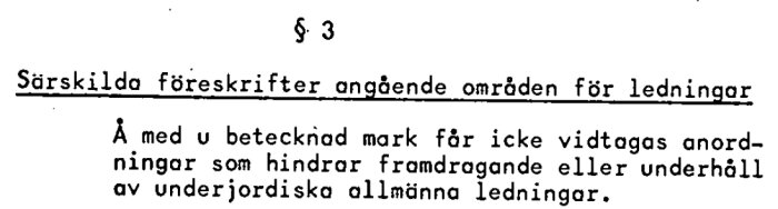 Fotografi av ett dokument med text om detaljplan, paragraf 3 angående föreskrifter för ledningar.