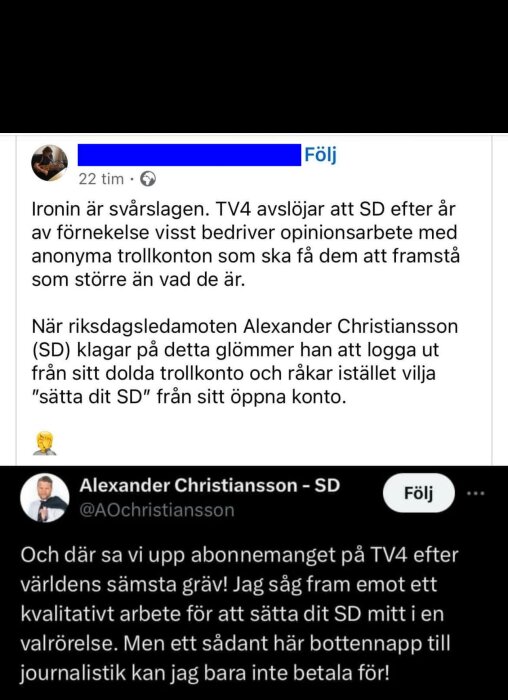 Skärmdump av sociala medieinlägg om ironi gällande opinionsarbete och ett misstag från en riksdagsledamot.