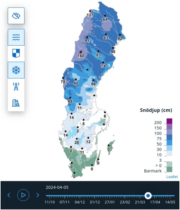 Karta över Sverige som visar snödjup i centimeter 10 dagar innan dubbdäcksförbud.