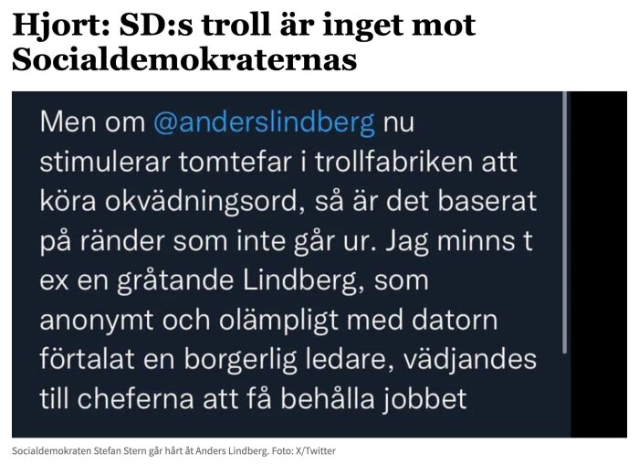 Skärmdump av en artikelrubrik och textutdrag med angrepp på politisk debattör i sociala medier.