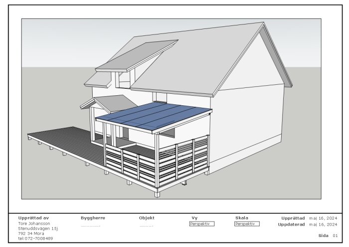 Illustration av ett hus med en inglasad veranda och planerade mått för snölastzon 2,5.