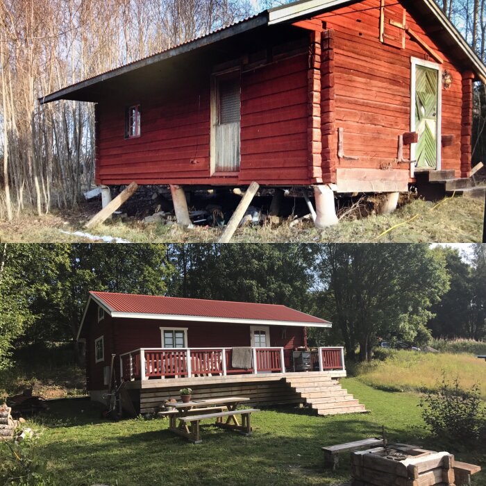 Före och efter bilder av ett renoverat rött hus, nedre bilden med veranda och trädgård.