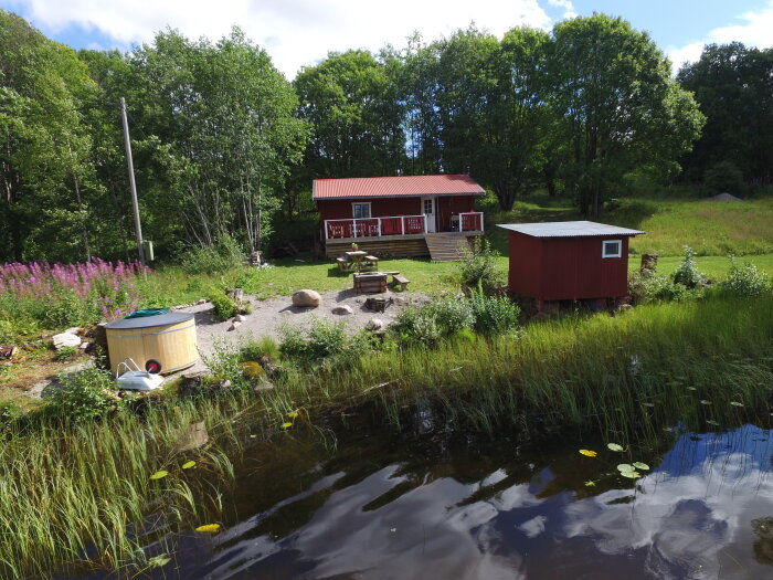 Röd stuga med uthus vid vattenkant, grönska och klar himmel, inga synliga skador på strukturerna.