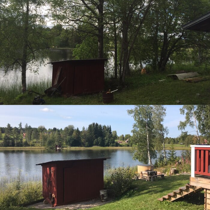 Idylliskt belägen träbod vid sjökant med omgivande grönska i två årstidsskiftningar.