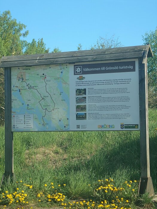 Informationskylt för Grönsöö turistväg med karta och beskrivande text, omgiven av grönt gräs och maskrosor.