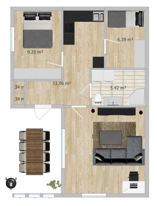 Ritning av en lägenhetslayout med markerade ytor för kök, vardagsrum och sovrum med måtten angivna.