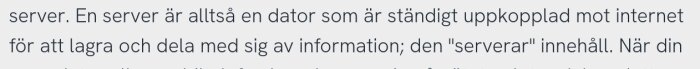 Skärmdump av en text som diskuterar definitionen av en server och dess internetanslutning.