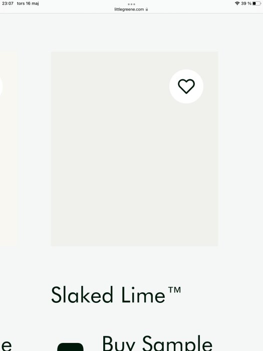Skärmdump från Little Greene hemsida som visar en ljus färgnyans märkt "Slaked Lime".