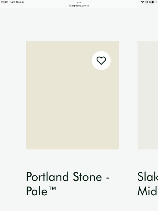 Två färgprover: Portland Stone Pale 155 och Slaked Lime 105 från Little Greene.