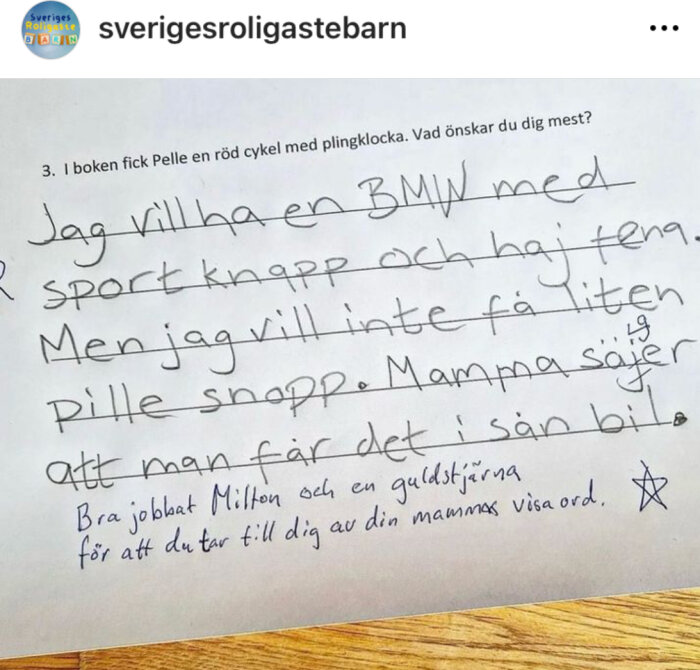 Skoluppgift med barns handskrivna svar om önskan av en BMW med sportknapp, humoristiskt missförstånd med ordet "pille snopp".