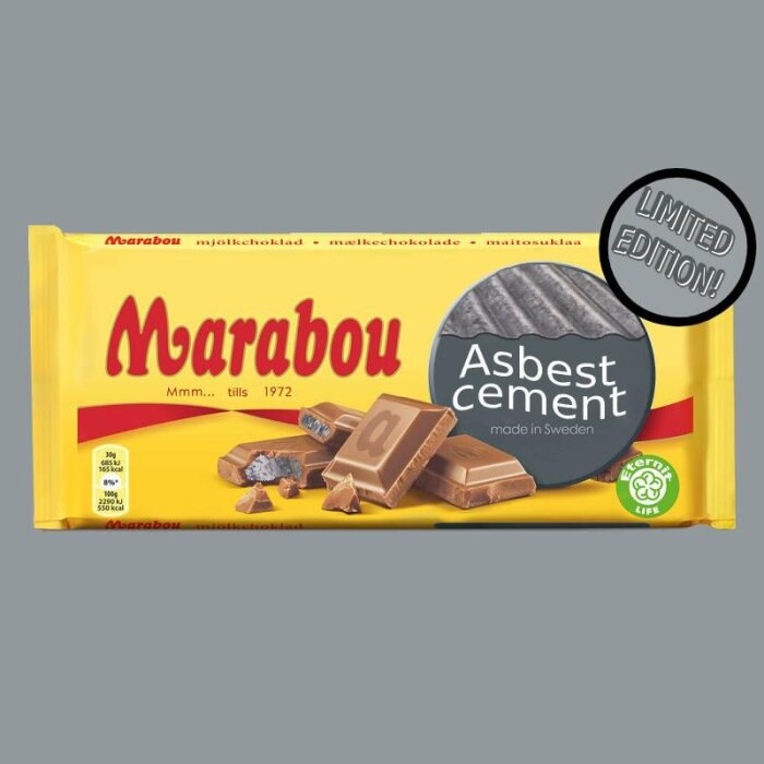 Chokladförpackning med "Marabou Asbestcement"-text, begränsad utgåva-märke.