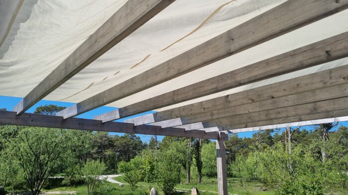 Segelduk som hänger löst under en pergolas bjälkar mot en bakgrund av träd och blå himmel.