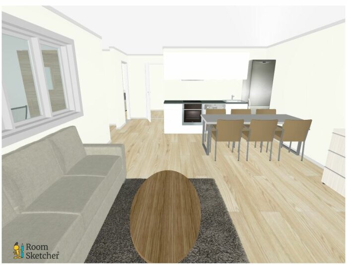 3D-skiss av omstrukturerad lägenhet med öppen planlösning, kombinerat kök och matplats.