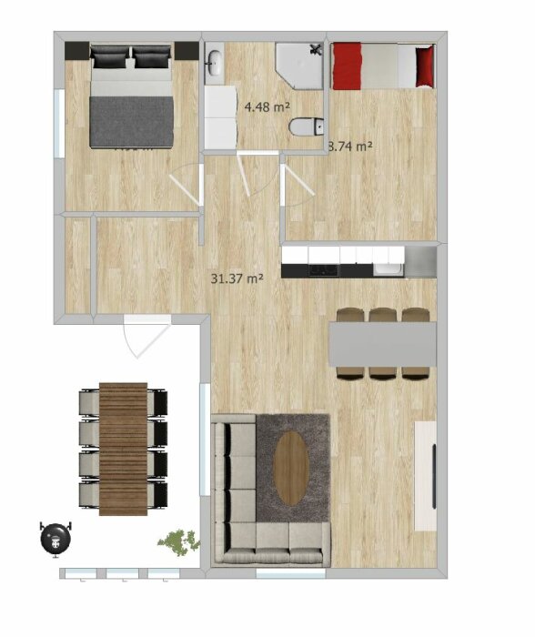 Plantekning av en lägenhet som visar en öppen planlösning med ombytta kök och badrum.