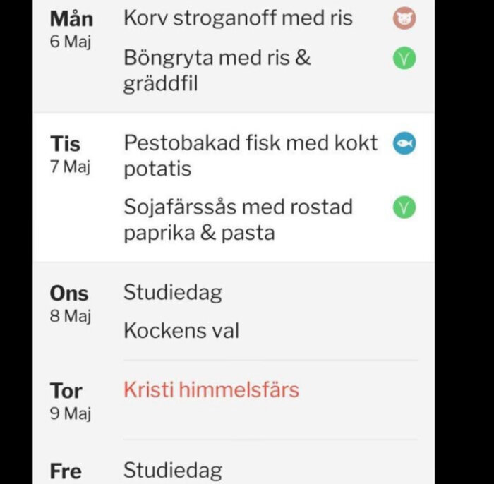 Skärmdump av en veckomatsedel med olika rätter för varje dag och markeringar på färdiga måltider.