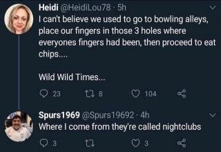 Skärmdump av en Twitter-konversation där användaren Heidi reflekterar över att äta chips efter bowling och Spurs1969 jämför detta med nattklubbar.