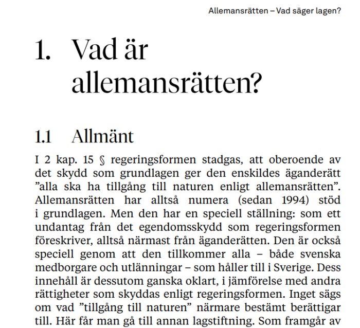 Sida från en publikation om allemansrätten med texten "1. Vad är allemansrätten?" och avsnittet "Allmänt".