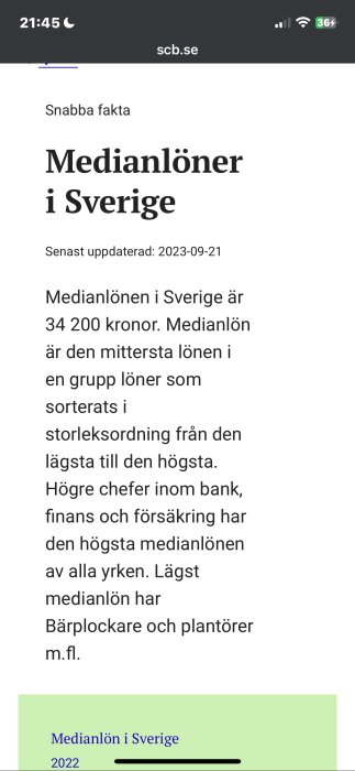 Skärmdump från SCB:s webbsida om medianlöner i Sverige, senast uppdaterad 2023-09-21.