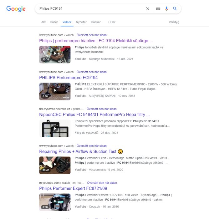 Skärmdump av Googles videosöksida visar resultaten för "Philips FC9194" med YouTube-videor.
